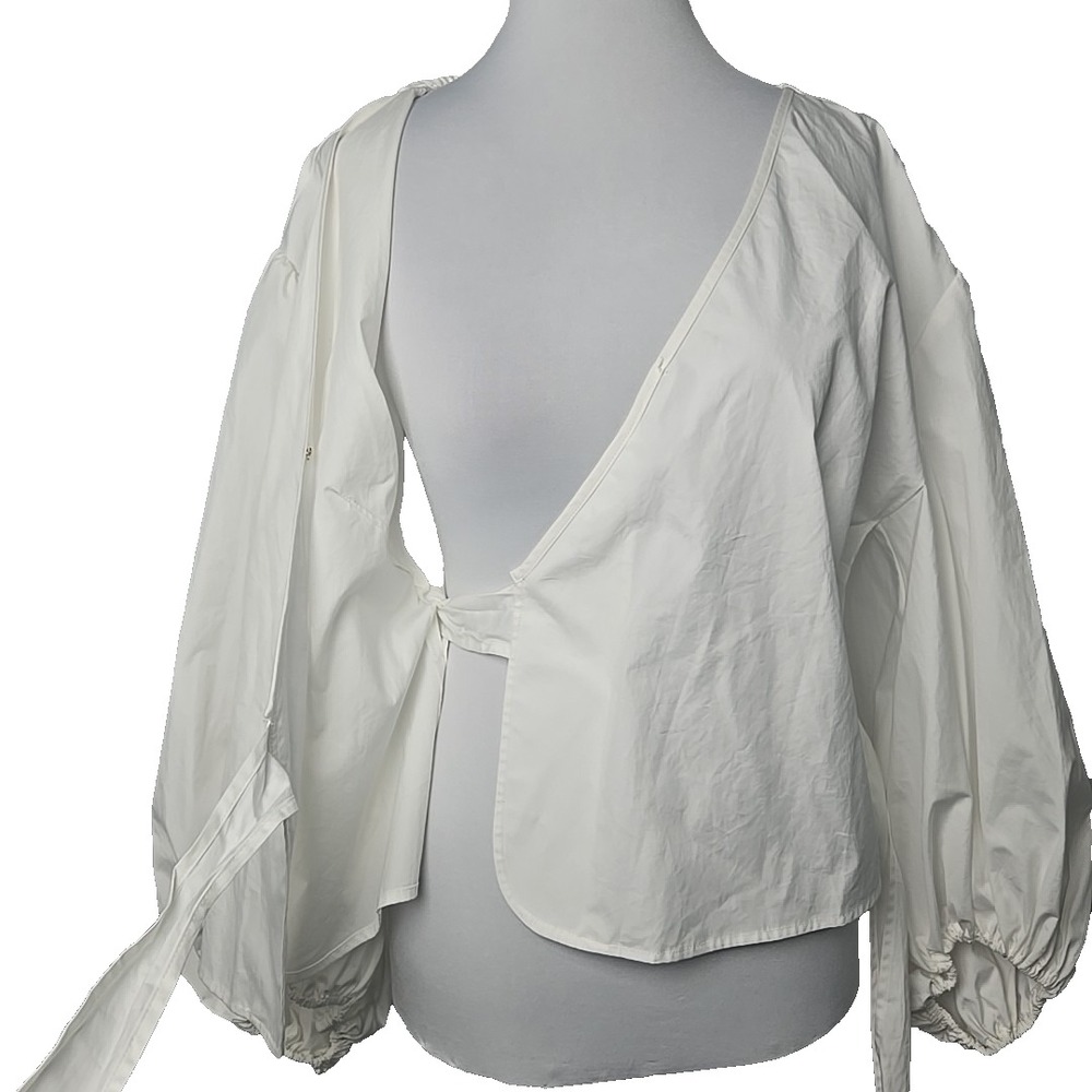 MK Michael Kors White Poplin Cotton‎ Puff Sleeve Wrap Top Large  L New $145 - Picture 5 of 10